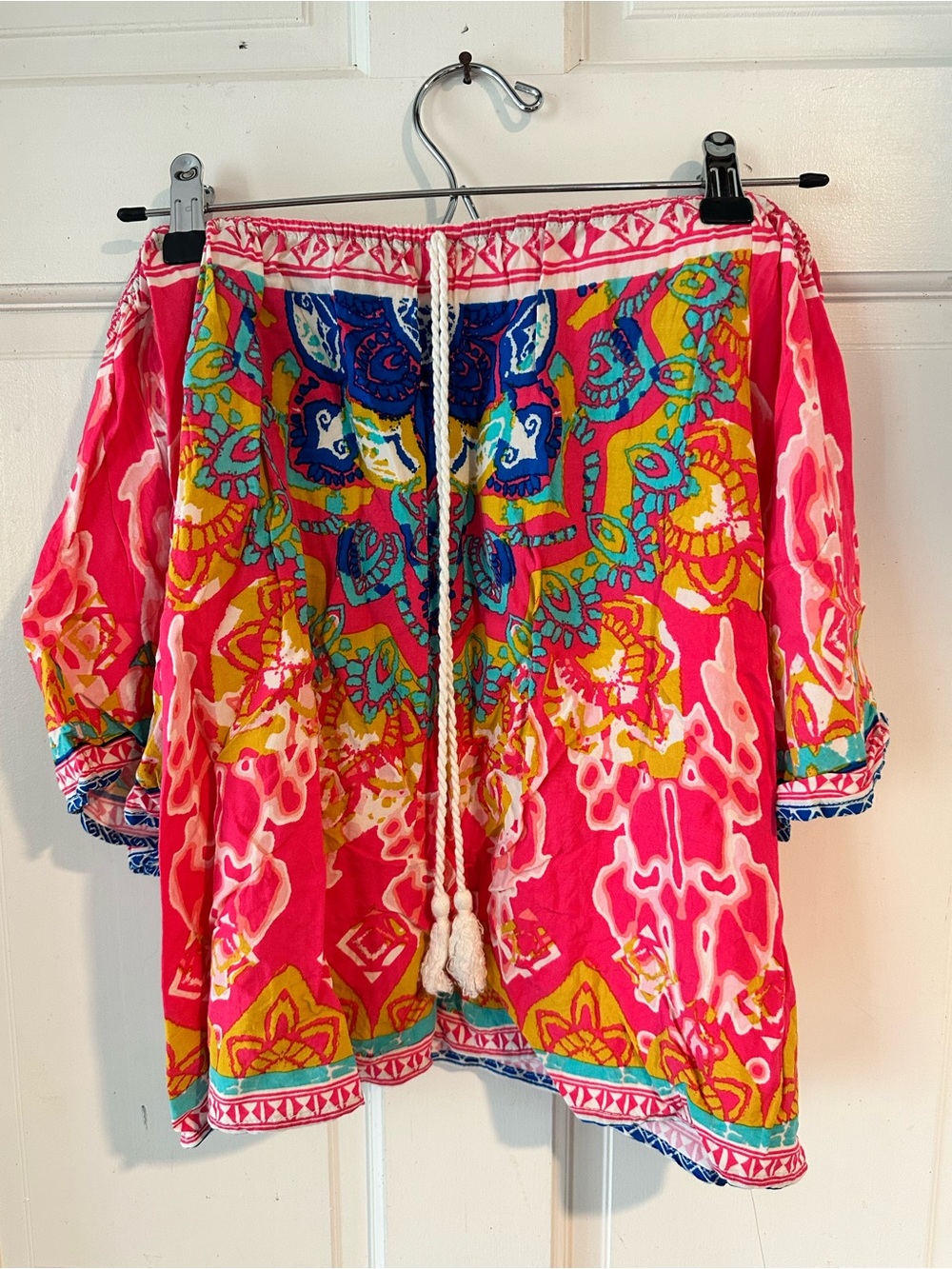 Women’s Bright Pink Printed Off Shoulder Blouse with Tassel Tie